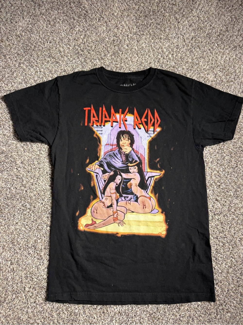 Black Short-Sleeve Graphic Tee with Red and Yellow Artwork